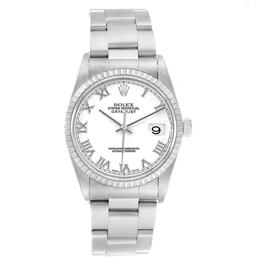 This image shows a front view of a Rolex Datejust 16220 Men's Stainless Steel White Dial 16220 Men's Stainless Steel White Dial watch, highlighting its dial, bracelet, and fluted bezel.