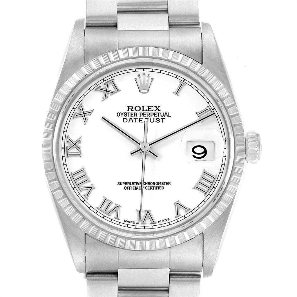 The image shows a top-down view of a Rolex Datejust 16220 Men's Stainless Steel White Dial 16220 Men's Stainless Steel White Dial watch, highlighting its white dial, Roman numerals, and fluted bezel.