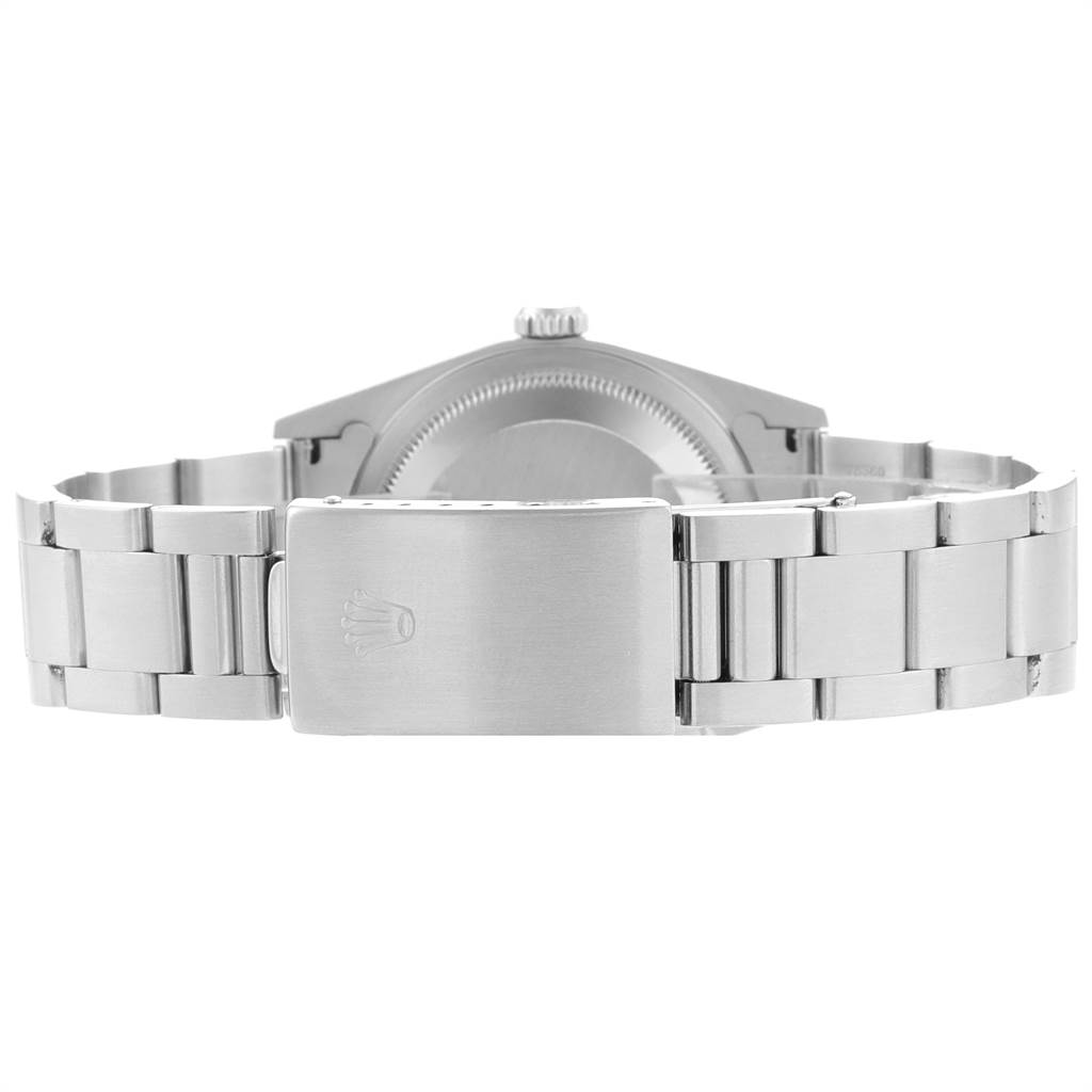 This image shows the back view of the Rolex Datejust 16220 Men's Stainless Steel White Dial 16220 Men's Stainless Steel White Dial watch, highlighting the stainless steel bracelet and clasp.
