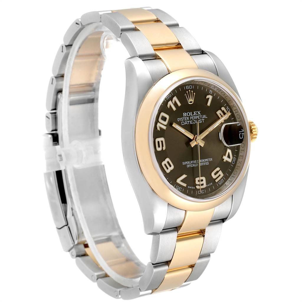 This image shows a side and partial front view of the Rolex Datejust 116203 Men
s Stainless Steel Brown Dial 116203 Men
s Stainless Steel Brown Dial watch, featuring a two-tone bracelet and black dial.