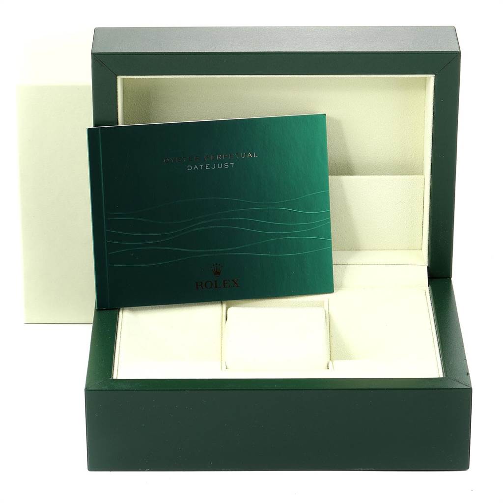 This image shows an open Rolex Datejust 116203 Men
s Stainless Steel Brown Dial 116203 Men
s Stainless Steel Brown Dial watch box with an accompanying manual inside.