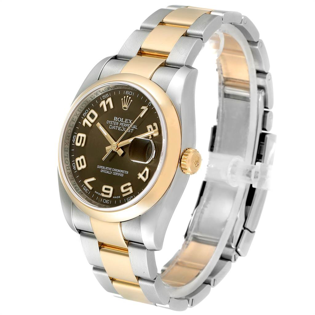 This image shows a Rolex Datejust 116203 Men
s Stainless Steel Brown Dial 116203 Men
s Stainless Steel Brown Dial watch from an angled side view, highlighting the face, bezel, case, crown, and band.