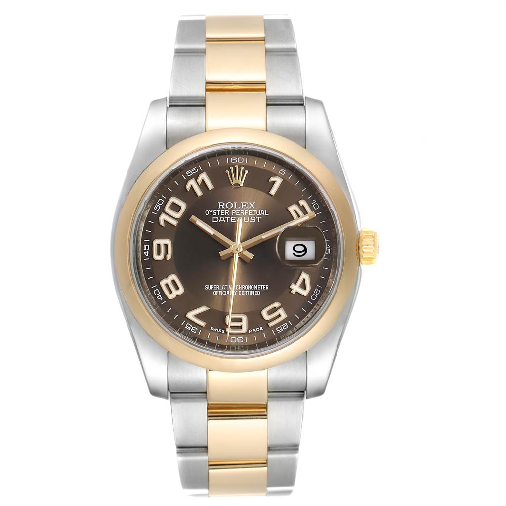 This is a front view of the Rolex Datejust 116203 Men
s Stainless Steel Brown Dial 116203 Men
s Stainless Steel Brown Dial watch showcasing its dial, bezel, and two-tone bracelet.