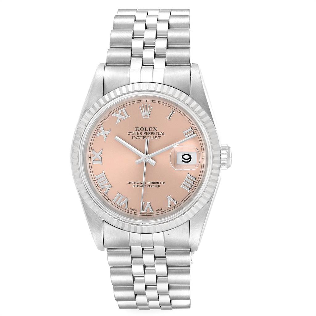 The Rolex Datejust 16234 Men
s Stainless Steel Pink Dial 16234 Men
s Stainless Steel Pink Dial watch is shown from a top-down angle, displaying the face, bezel, crown, and bracelet.