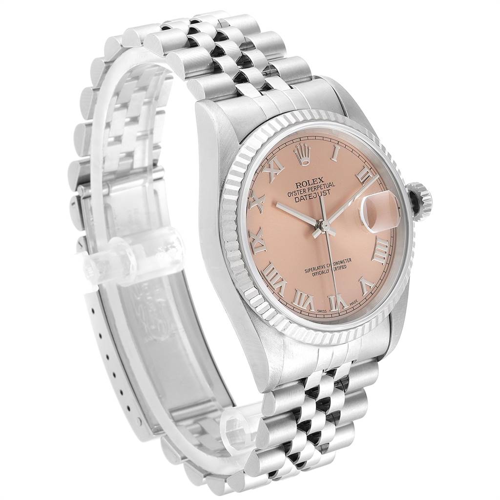 This image displays a Rolex Datejust 16234 Men
s Stainless Steel Pink Dial 16234 Men
s Stainless Steel Pink Dial watch from a side angle, showcasing the face, bezel, and bracelet.