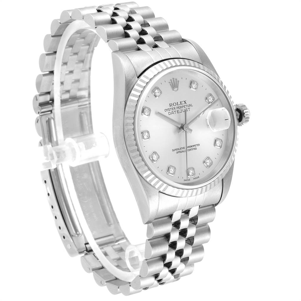 The image shows a side-angle view of the Rolex Datejust 16234 Men's Stainless Steel Silver Dial 16234 Men's Stainless Steel Silver Dial watch, highlighting its face, bezel, and bracelet.