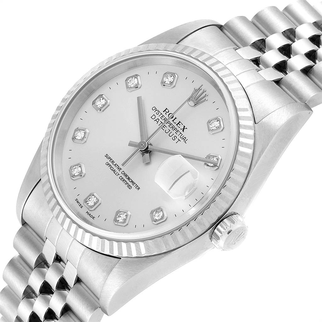The image shows a close-up angled view of a Rolex Datejust 16234 Men's Stainless Steel Silver Dial 16234 Men's Stainless Steel Silver Dial watch, focusing on the face, bezel, crown, and part of the bracelet.