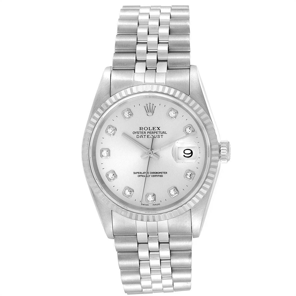 This image shows a Rolex Datejust 16234 Men's Stainless Steel Silver Dial 16234 Men's Stainless Steel Silver Dial watch from the front, highlighting its dial, bracelet, and date display.