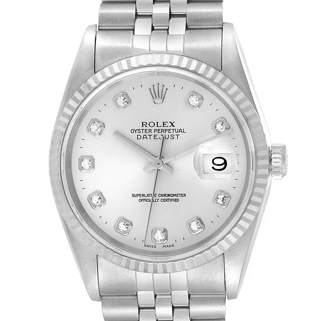 This image shows a front view of a Rolex Datejust 16234 Men's Stainless Steel Silver Dial 16234 Men's Stainless Steel Silver Dial watch, displaying the dial, bezel, and part of the bracelet.