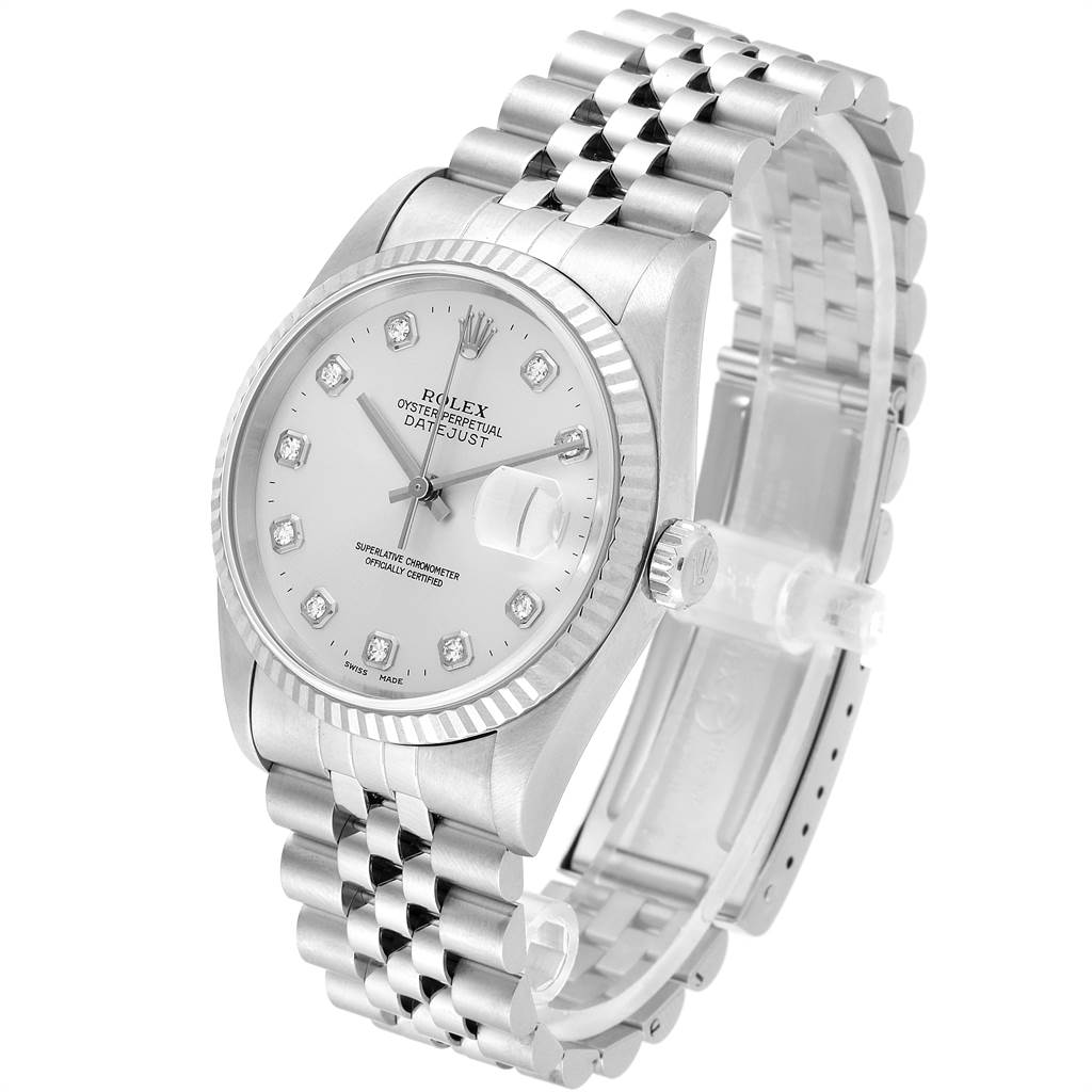 The Rolex Datejust 16234 Men's Stainless Steel Silver Dial 16234 Men's Stainless Steel Silver Dial watch is pictured at an oblique angle, showing the dial, bezel, crown, and bracelet clearly.