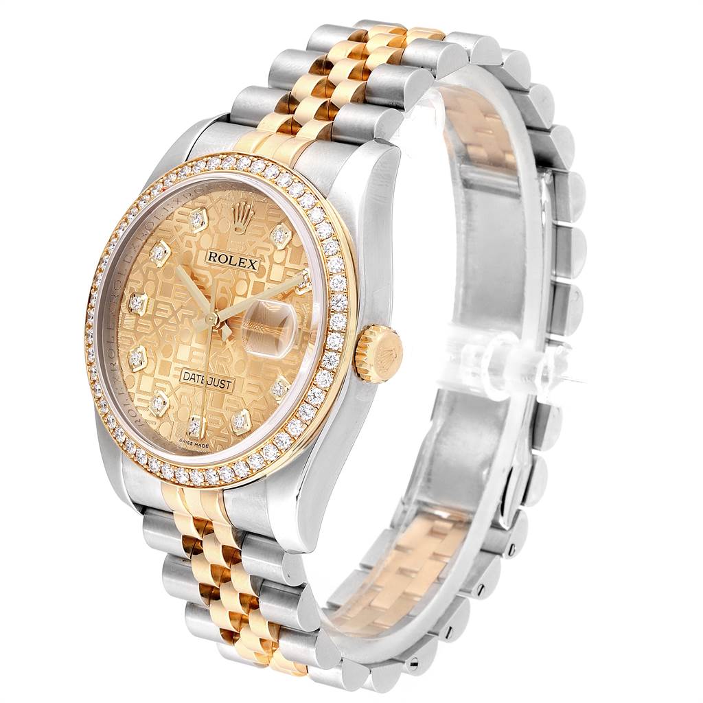 The image shows a Rolex Datejust 116243 Men
s Steel and Gold (two tone) Champagne Dial 116243 Men
s Steel and Gold (two tone) Champagne Dial watch at a 3/4 angle, highlighting its gold dial, diamond hour markers, and two-tone bracelet.