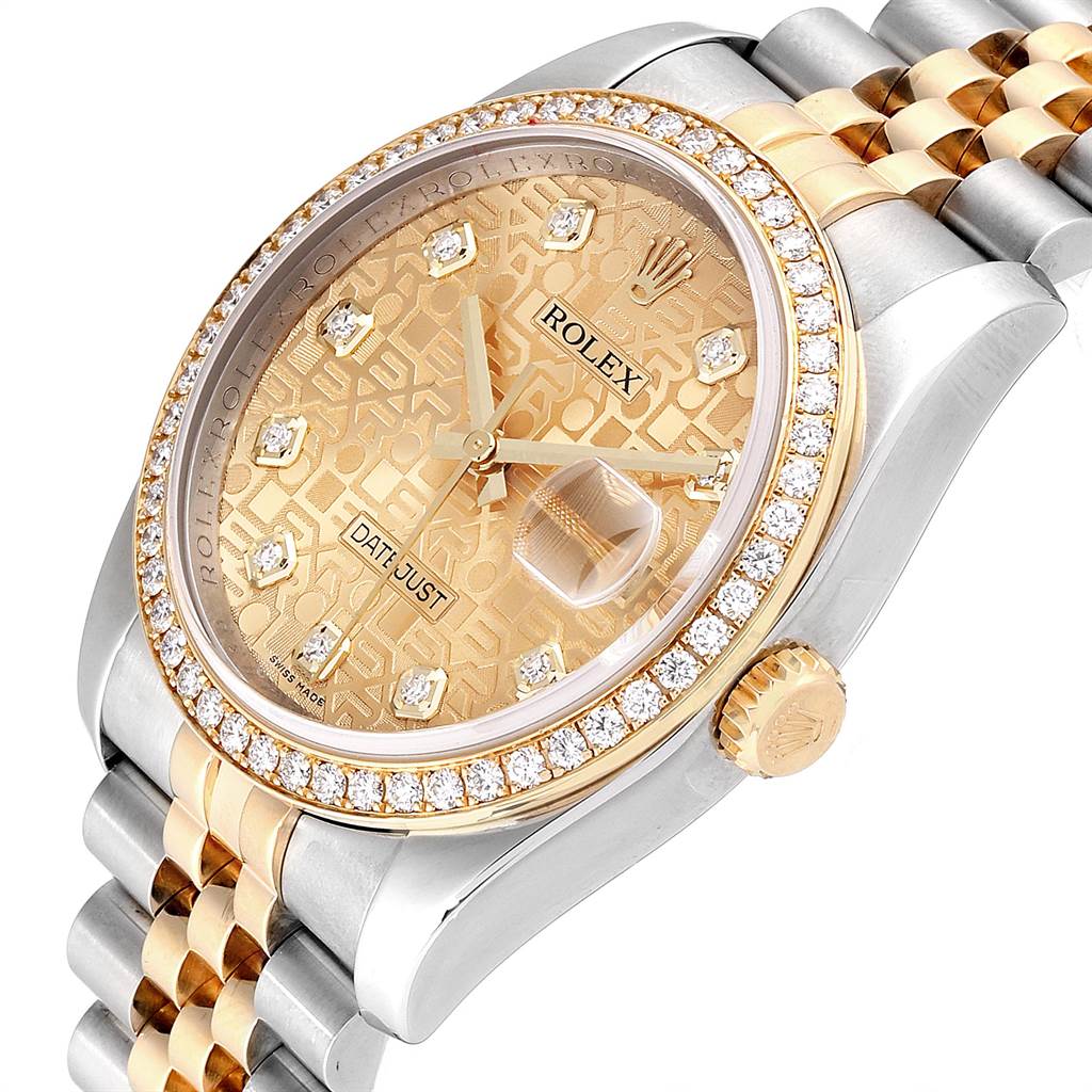 The image shows a close-up of the Rolex Datejust 116243 Men
s Steel and Gold (two tone) Champagne Dial 116243 Men
s Steel and Gold (two tone) Champagne Dial watch, focusing on the dial, bezel, and part of the bracelet from an angled view.