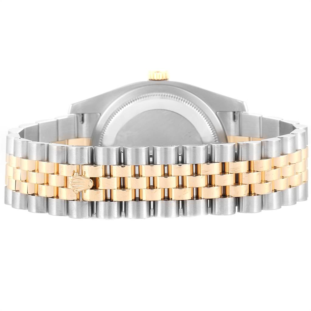 This image shows the back view of a Rolex Datejust 116243 Men
s Steel and Gold (two tone) Champagne Dial 116243 Men
s Steel and Gold (two tone) Champagne Dial with its two-tone bracelet and case.