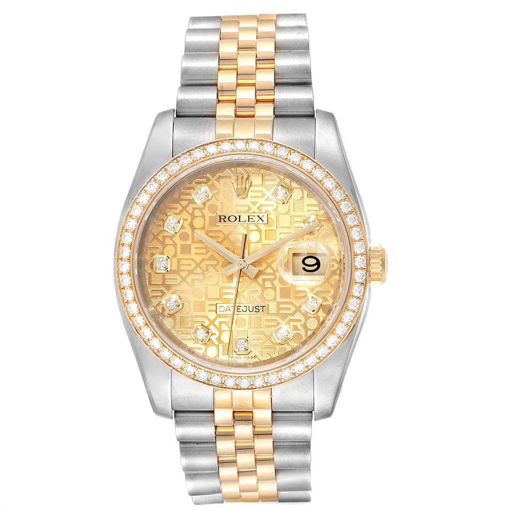 The Rolex Datejust 116243 Men
s Steel and Gold (two tone) Champagne Dial 116243 Men
s Steel and Gold (two tone) Champagne Dial watch is shown from a front angle, displaying its dial, bezel, and bracelet.