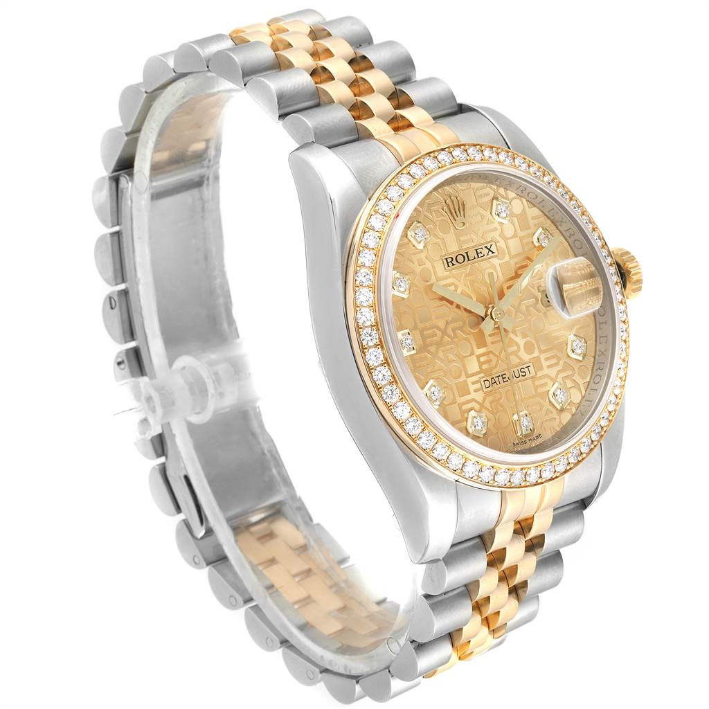 The Rolex Datejust 116243 Men
s Steel and Gold (two tone) Champagne Dial 116243 Men
s Steel and Gold (two tone) Champagne Dial watch is shown at an angle showcasing the face, bezel, and partial bracelet with a two-tone design.