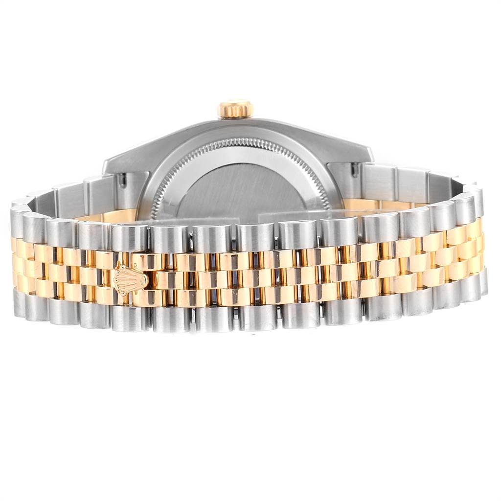 This image shows the back view of a Rolex Datejust 116233 Men's Stainless Steel Champagne Dial 116233 Men's Stainless Steel Champagne Dial watch, focusing on its two-tone metal bracelet and case back.