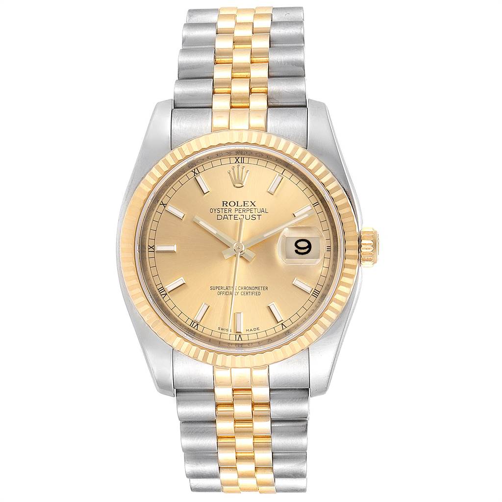 This image shows a Rolex Datejust 116233 Men's Stainless Steel Champagne Dial 116233 Men's Stainless Steel Champagne Dial watch from a front angle, displaying its face, bezel, and bracelet.