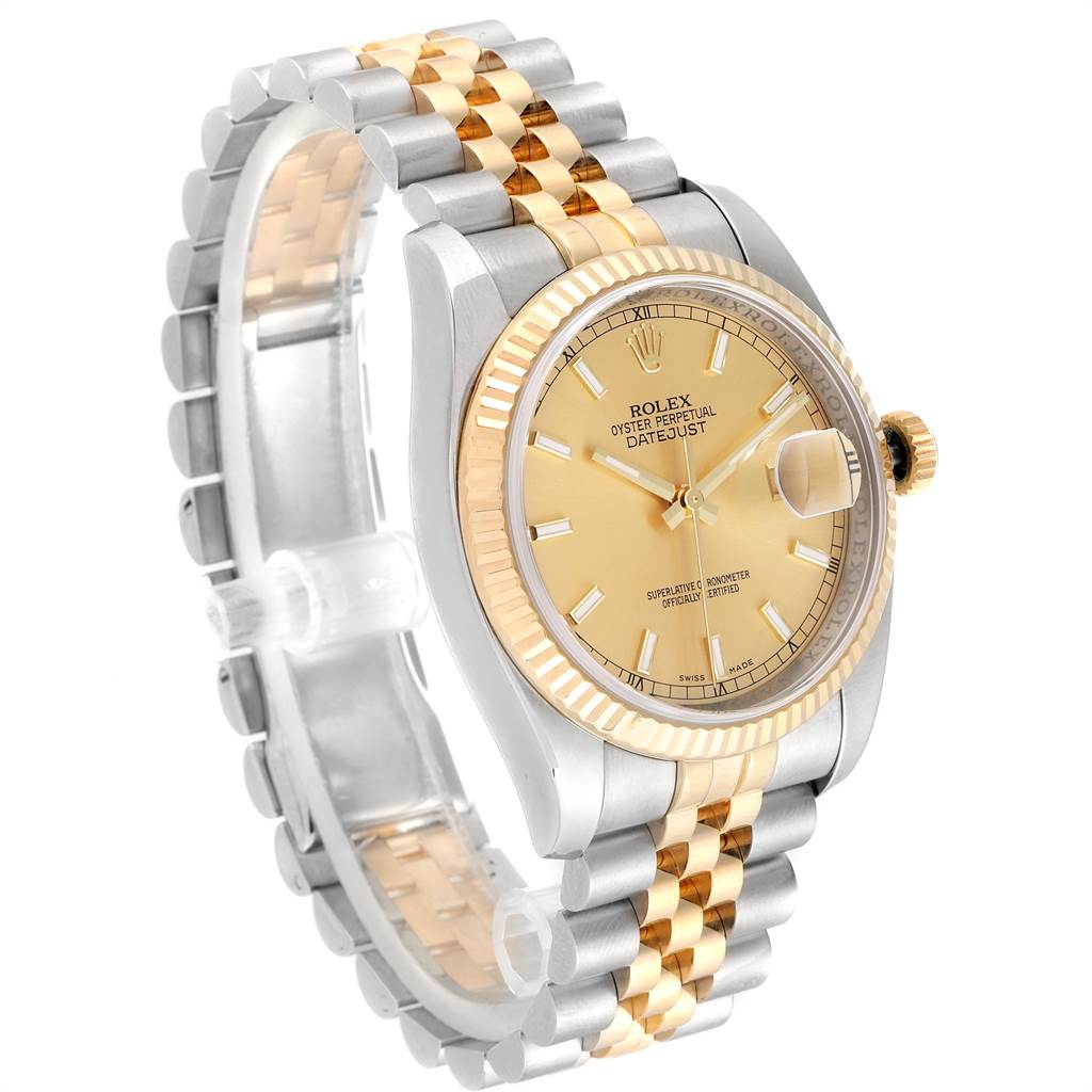 The Rolex Datejust 116233 Men's Stainless Steel Champagne Dial 116233 Men's Stainless Steel Champagne Dial watch is shown at a slightly tilted angle, highlighting the dial, bezel, and bi-color bracelet.