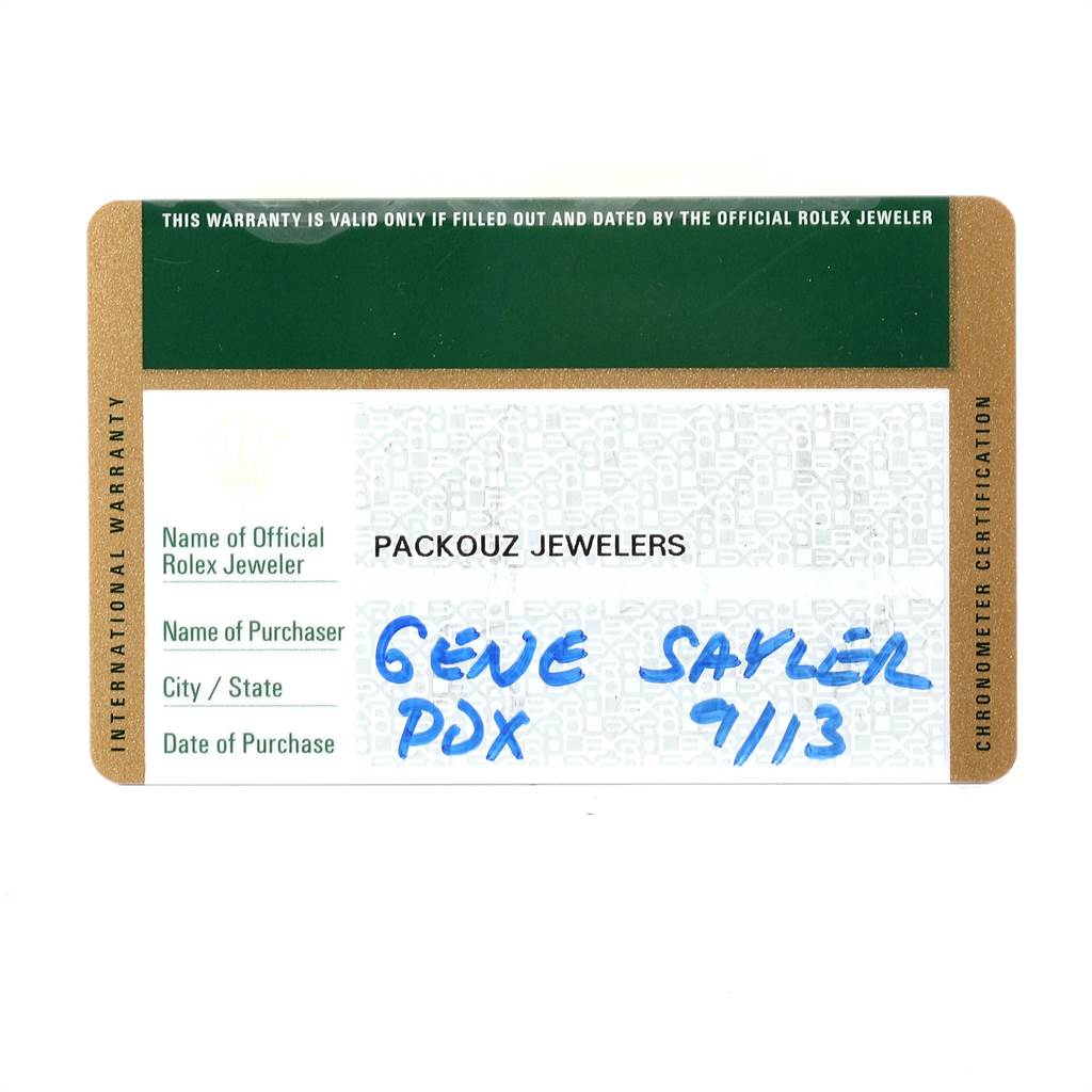 The image shows the official Rolex warranty card for the Datejust model, including the jeweler's name and purchase information.