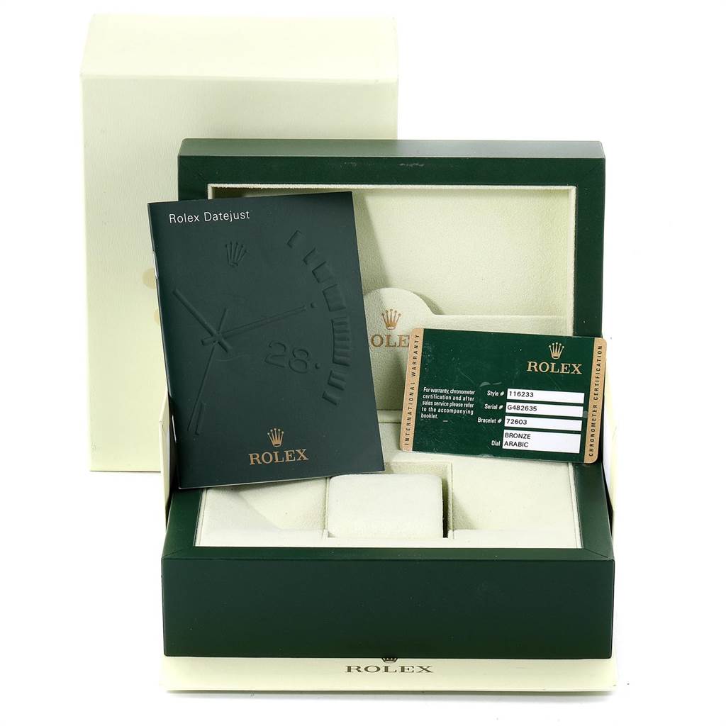 The image shows the packaging box, booklet, and certification card for a Rolex Datejust 116233 Men's Steel and Gold (two tone) Brown Dial 116233 Men's Steel and Gold (two tone) Brown Dial watch.