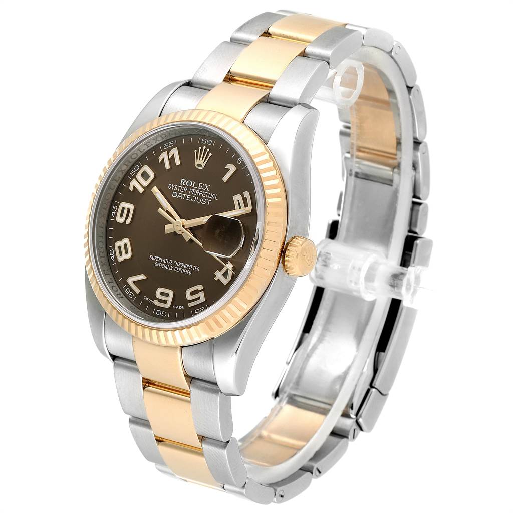 This image shows a Rolex Datejust 116233 Men's Steel and Gold (two tone) Brown Dial 116233 Men's Steel and Gold (two tone) Brown Dial watch at a three-quarter angle, highlighting the dial, bracelet, and bezel.