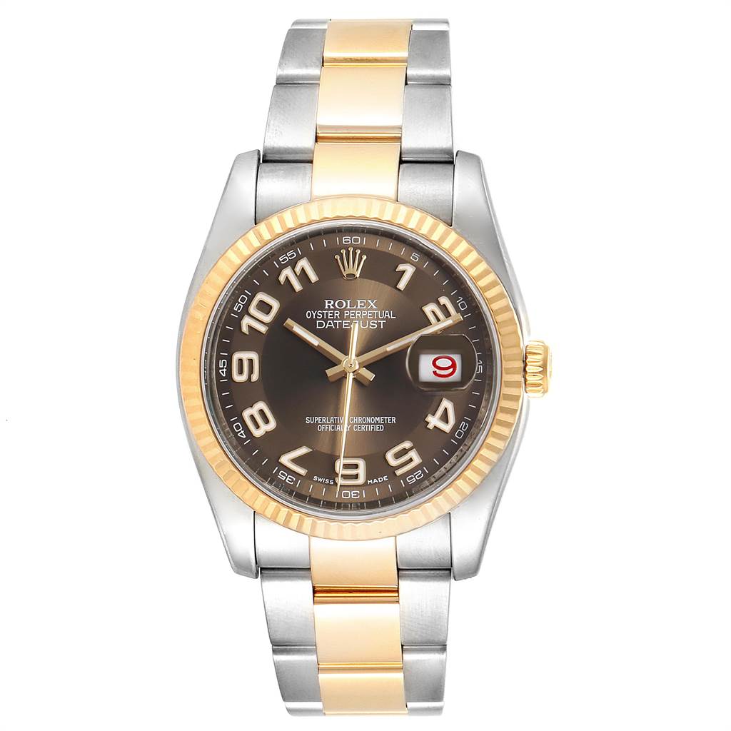 This image shows a Rolex Datejust 116233 Men's Steel and Gold (two tone) Brown Dial 116233 Men's Steel and Gold (two tone) Brown Dial watch from a front angle, highlighting its face, bezel, and two-tone bracelet.