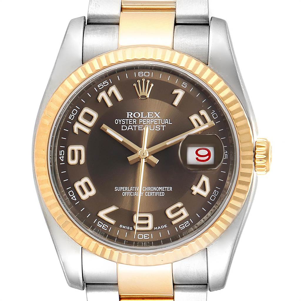 This is a front-facing view of the Rolex Datejust 116233 Men's Steel and Gold (two tone) Brown Dial 116233 Men's Steel and Gold (two tone) Brown Dial watch showing its dial, bezel, and bracelet.