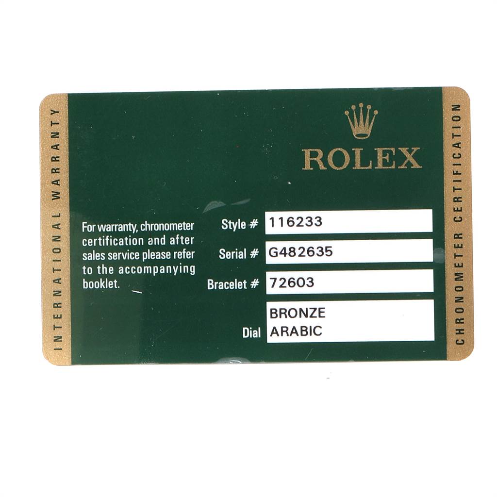 The image shows the warranty and certification card for a Rolex Datejust 116233 Men's Steel and Gold (two tone) Brown Dial 116233 Men's Steel and Gold (two tone) Brown Dial model with various details including style, serial, and bracelet numbers.