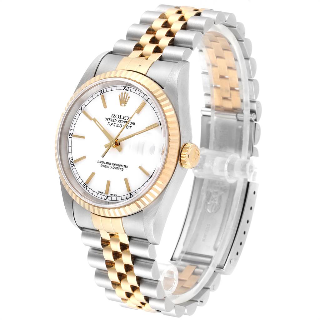 The Rolex Datejust 16233 Men's Steel and Gold (two tone) White Dial 16233 Men's Steel and Gold (two tone) White Dial watch is shown at a slight angle, featuring its gold and silver fluted bezel, dial, and Jubilee bracelet.