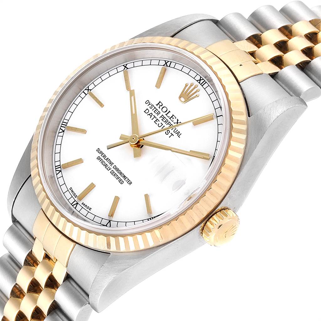 The Rolex Datejust 16233 Men's Steel and Gold (two tone) White Dial 16233 Men's Steel and Gold (two tone) White Dial watch is shown at a slight angle, highlighting the dial, bezel, crown, and part of the bracelet.