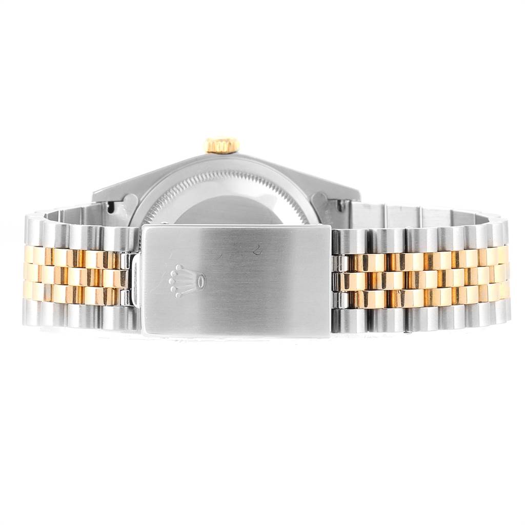 This image shows the back view of the Rolex Datejust 16233 Men's Steel and Gold (two tone) White Dial 16233 Men's Steel and Gold (two tone) White Dial watch, highlighting the clasp and band.