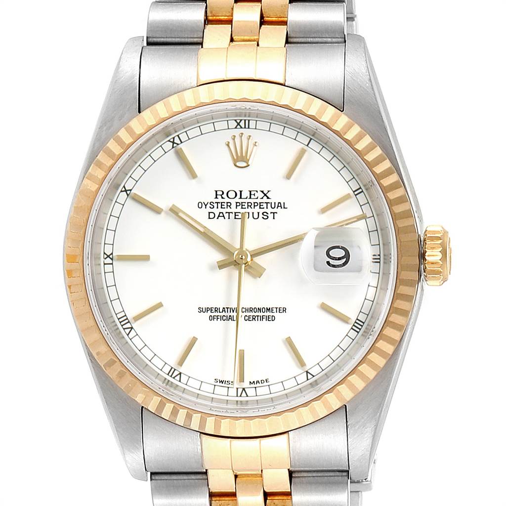 The image shows a front view of a Rolex Datejust 16233 Men's Steel and Gold (two tone) White Dial 16233 Men's Steel and Gold (two tone) White Dial watch, highlighting the dial, bezel, crown, and part of the bracelet.
