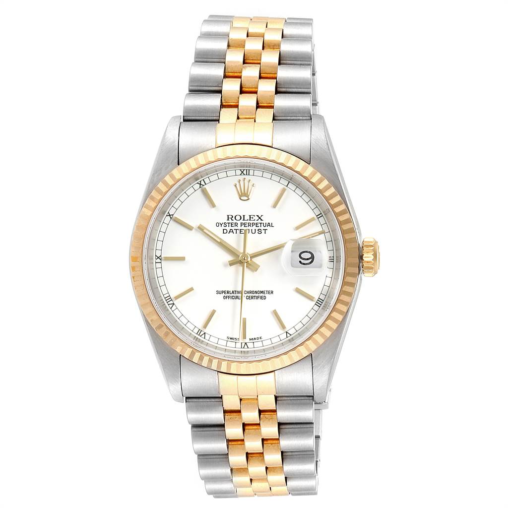 The image shows a front view of a Rolex Datejust 16233 Men's Steel and Gold (two tone) White Dial 16233 Men's Steel and Gold (two tone) White Dial watch with a two-tone bracelet and fluted bezel.