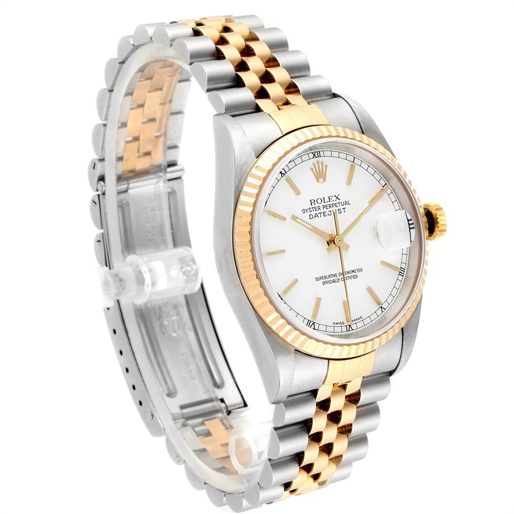 The image shows a Rolex Datejust 16233 Men's Steel and Gold (two tone) White Dial 16233 Men's Steel and Gold (two tone) White Dial watch at a three-quarter angle, highlighting the dial, bezel, and two-tone bracelet.