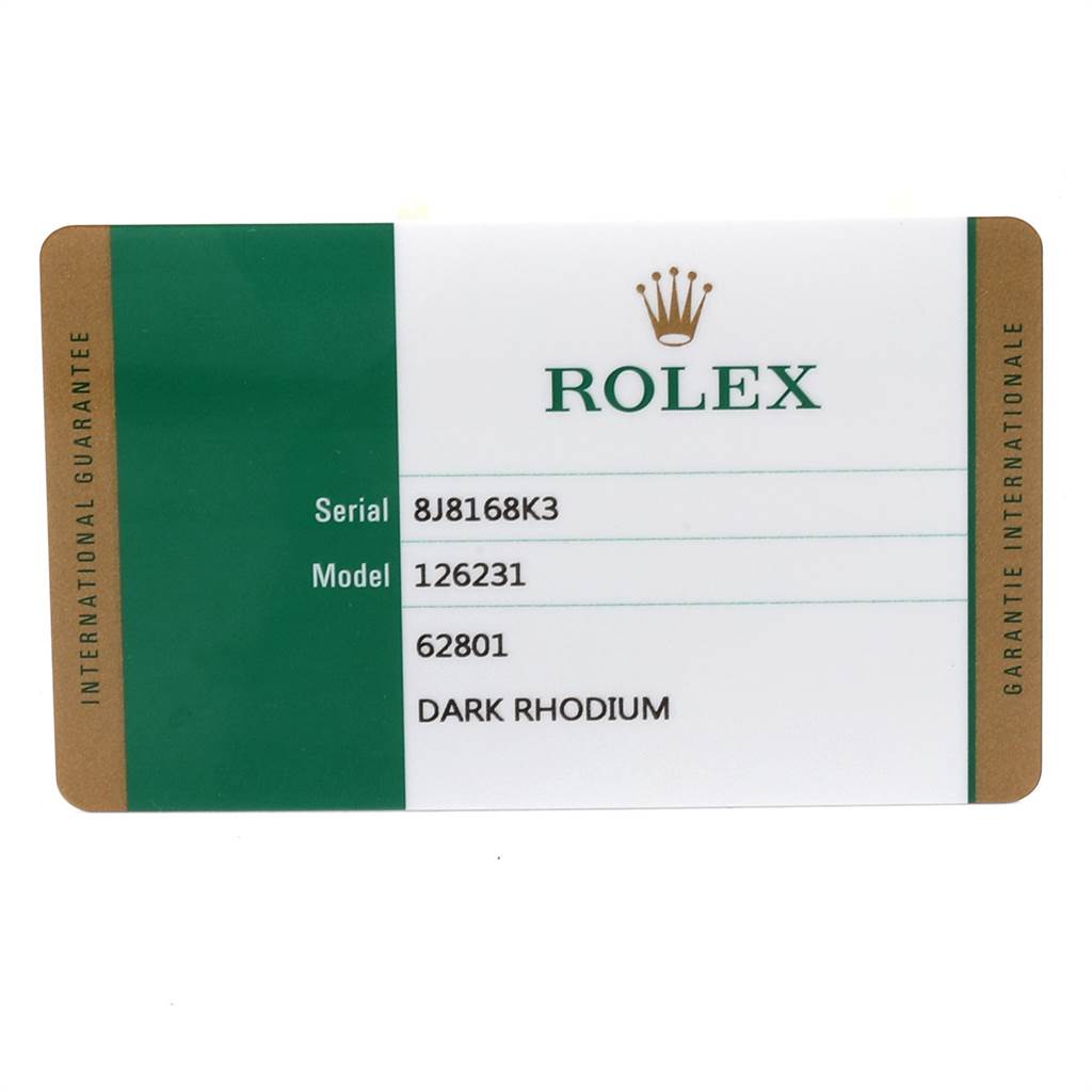 The image shows a warranty card for a Rolex Datejust 126231 Men
s Steel and Gold (two tone) Grey Dial 126231 Men
s Steel and Gold (two tone) Grey Dial model 126231 with a dark rhodium color.