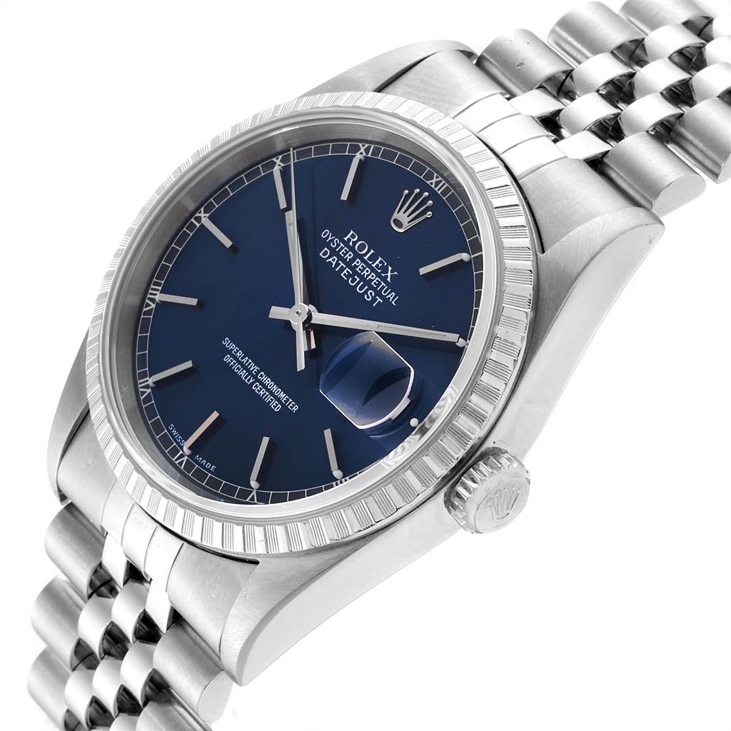 This Rolex Datejust 16220 Men's Stainless Steel Blue Dial 16220 Men's Stainless Steel Blue Dial watch is shown at a slight angle, displaying its blue dial, fluted bezel, jubilee bracelet, and crown logo.