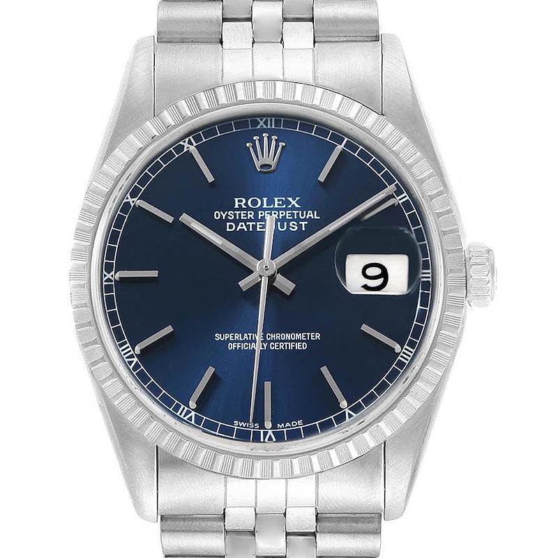 Rolex DateJust Blue Dial Jubilee Bracelet Steel Mens Watch 16220 SwissWatchExpo