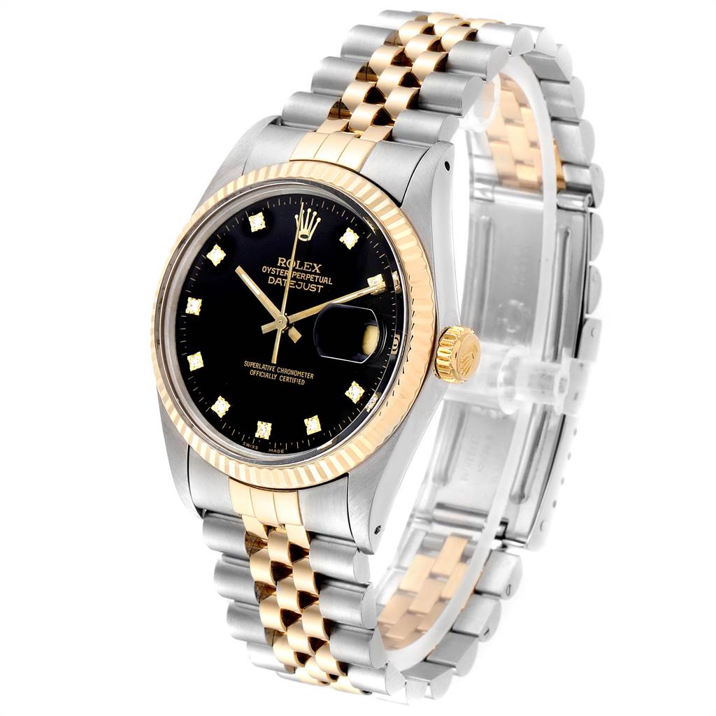 The Rolex Datejust 16013 Men's Stainless Steel Black Dial 16013 Men's Stainless Steel Black Dial watch is shown at an angle displaying the face, bezel, crown, and part of the Jubilee bracelet.