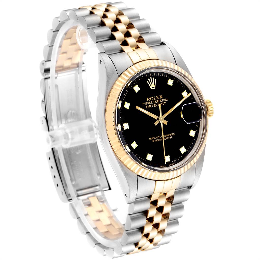 This Rolex Datejust 16013 Men's Stainless Steel Black Dial 16013 Men's Stainless Steel Black Dial watch is shown at a three-quarter angle, highlighting its black dial, fluted bezel, and two-tone Jubilee bracelet.