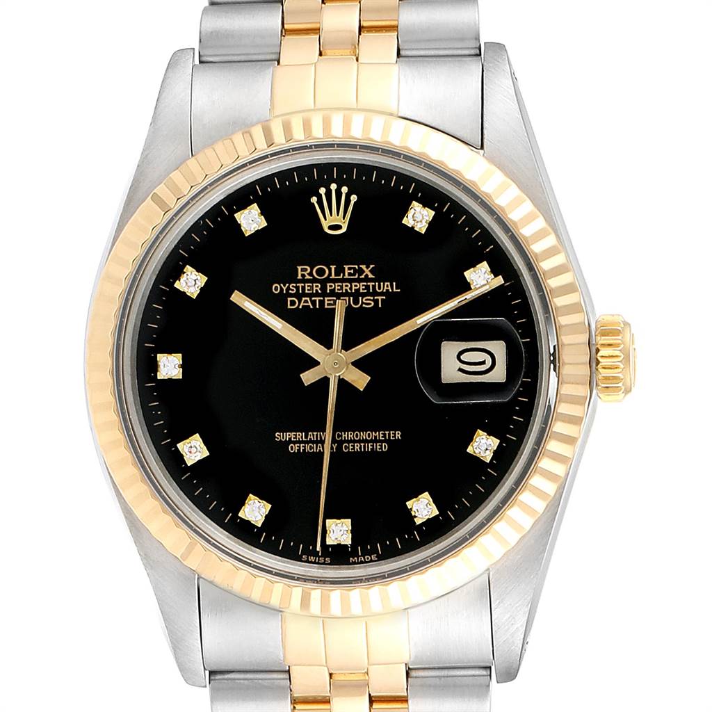 The Rolex Datejust 16013 Men's Stainless Steel Black Dial 16013 Men's Stainless Steel Black Dial watch is shown from the front, highlighting its black dial, date window, and two-tone bracelet.
