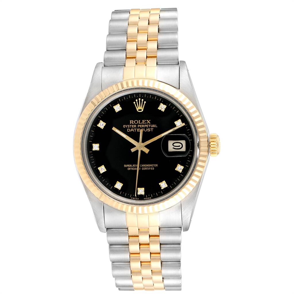 The image shows the full front view of a Rolex Datejust 16013 Men's Stainless Steel Black Dial 16013 Men's Stainless Steel Black Dial watch, displaying its black dial, fluted bezel, and two-tone bracelet.