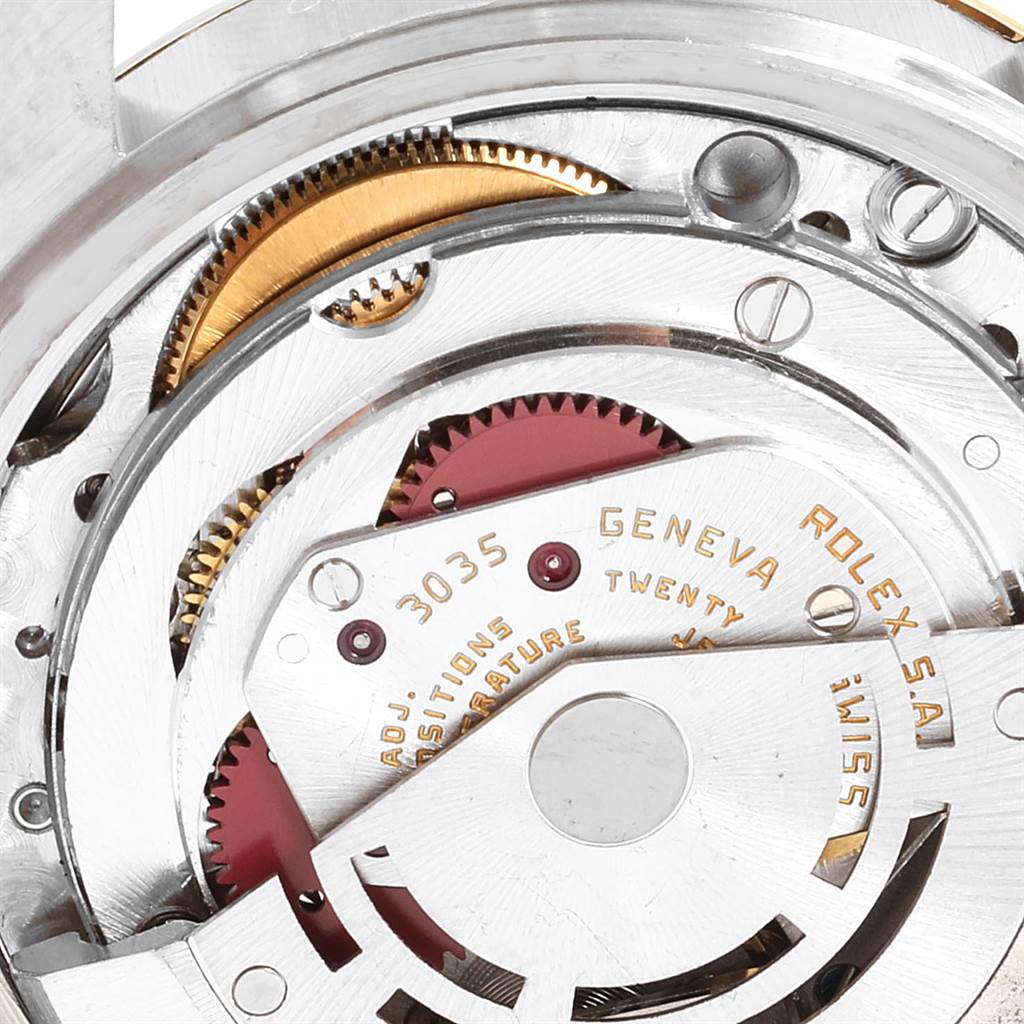 This is a close-up view of the Rolex Datejust 16013 Men's Stainless Steel Black Dial 16013 Men's Stainless Steel Black Dial model's 3035 movement, showcasing internal gears and components.