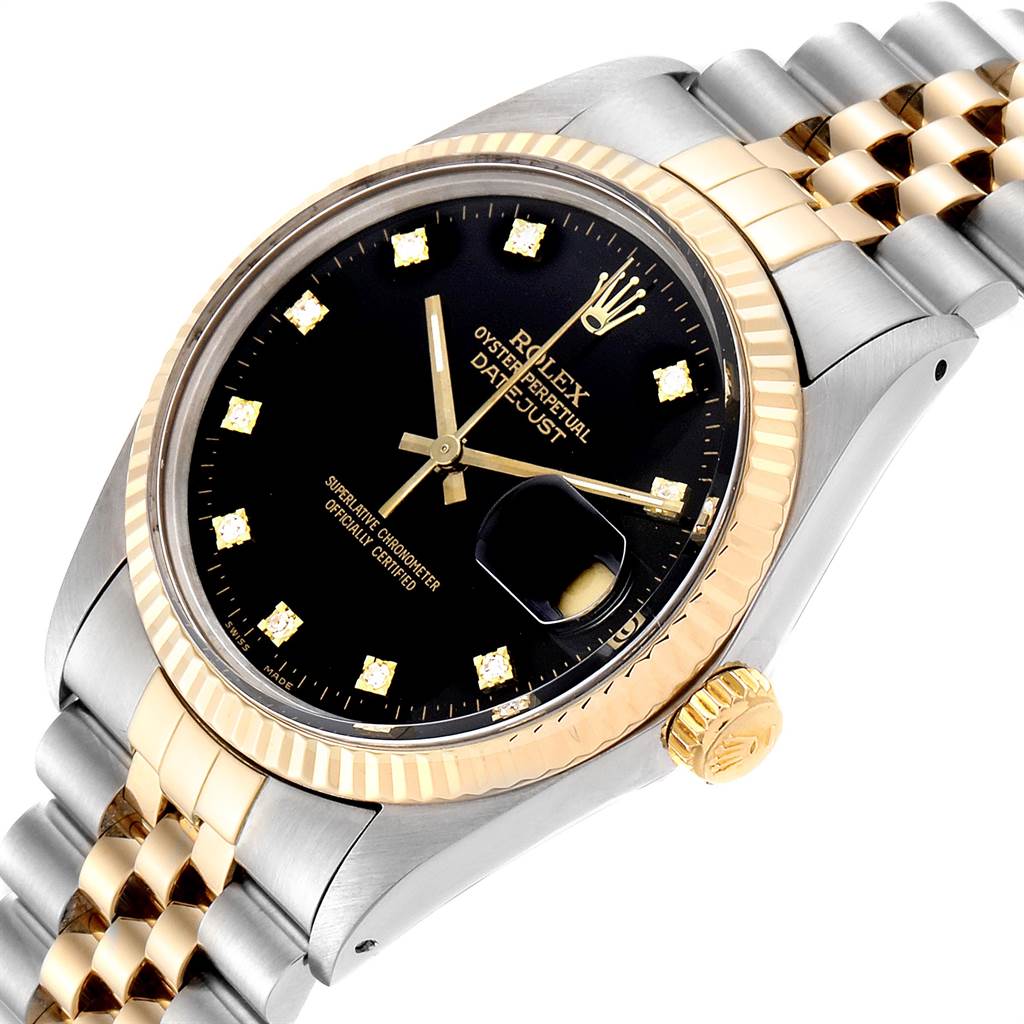 This image shows a Rolex Datejust 16013 Men's Stainless Steel Black Dial 16013 Men's Stainless Steel Black Dial watch at an angle highlighting its black dial, fluted bezel, two-tone case, and Jubilee bracelet.