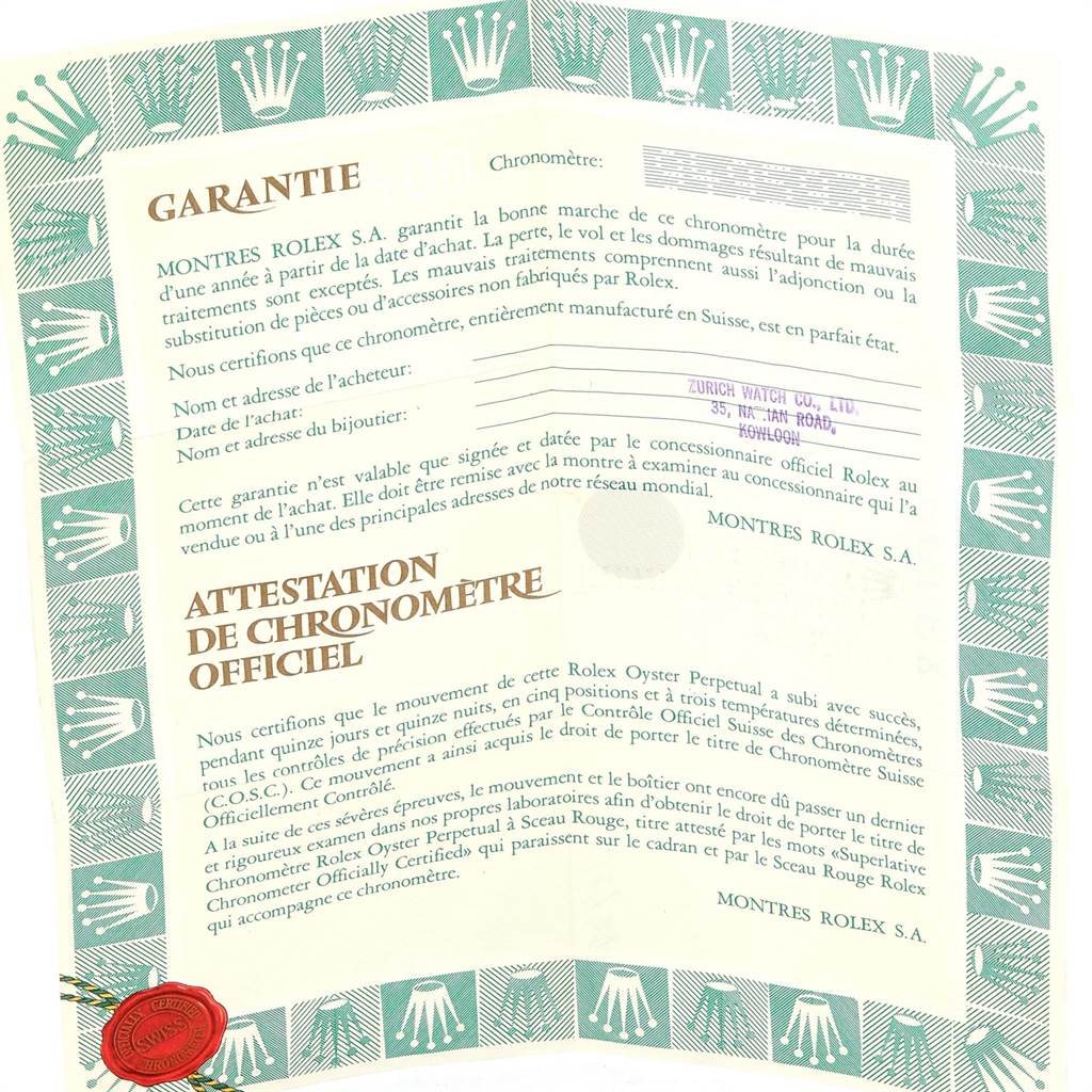 The image shows a warranty and chronometer certificate for a Rolex Datejust 16013 Men's Stainless Steel Black Dial 16013 Men's Stainless Steel Black Dial model.