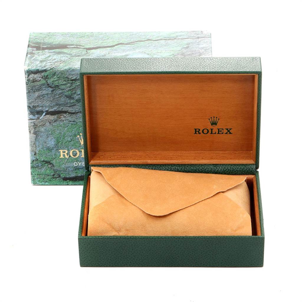 The image shows an open Rolex Datejust 16200 Men's Stainless Steel Black Dial 16200 Men's Stainless Steel Black Dial watch box with a soft leather pouch inside.