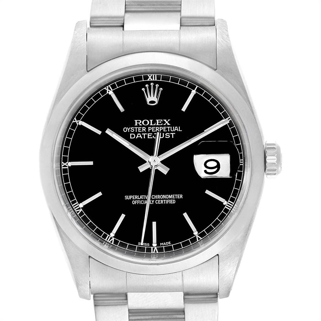 This image shows a Rolex Datejust 16200 Men's Stainless Steel Black Dial 16200 Men's Stainless Steel Black Dial watch from a front angle, highlighting the black dial, date display, and part of the bracelet.