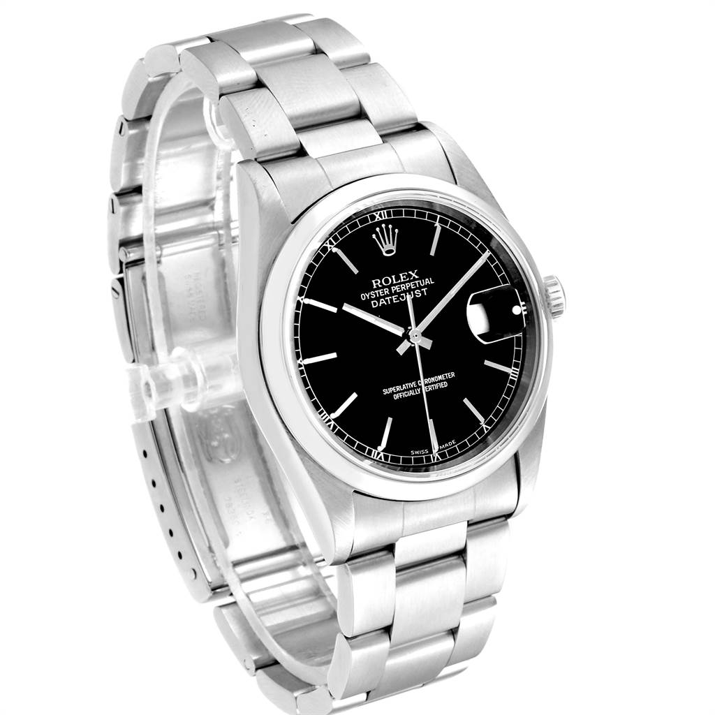 The image shows a Rolex Datejust 16200 Men's Stainless Steel Black Dial 16200 Men's Stainless Steel Black Dial watch with a stainless steel bracelet, black dial, and date display, angled from the front-left side.