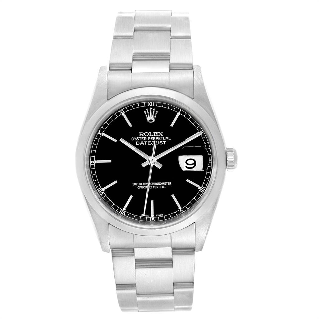 This image shows a front view of the Rolex Datejust 16200 Men's Stainless Steel Black Dial 16200 Men's Stainless Steel Black Dial watch, highlighting its dial, case, bracelet, and date window.