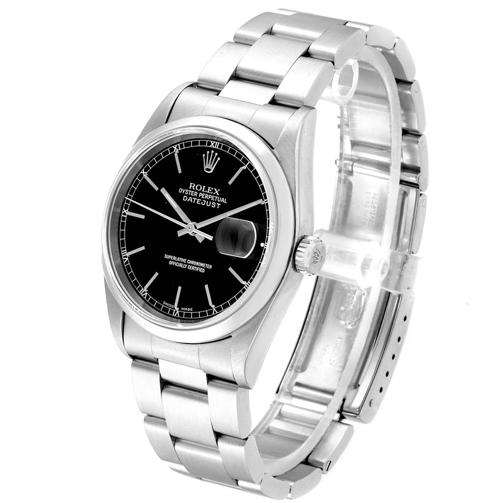 This image shows a side-angle view of a Rolex Datejust 16200 Men's Stainless Steel Black Dial 16200 Men's Stainless Steel Black Dial watch, displaying its face, bezel, crown, and metal bracelet.