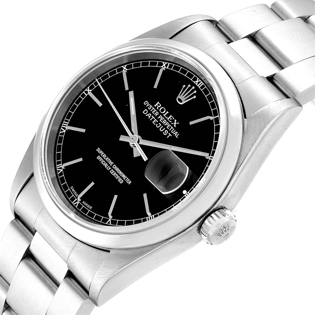 The image shows a close-up angled view of a Rolex Datejust 16200 Men's Stainless Steel Black Dial 16200 Men's Stainless Steel Black Dial watch, highlighting the watch face, bezel, and part of the bracelet.
